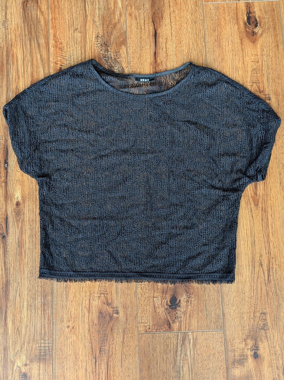 DKNY Black Sheer Mesh Crochet Boxy Crop Top Size XS / Beach Cover Grunge Goth